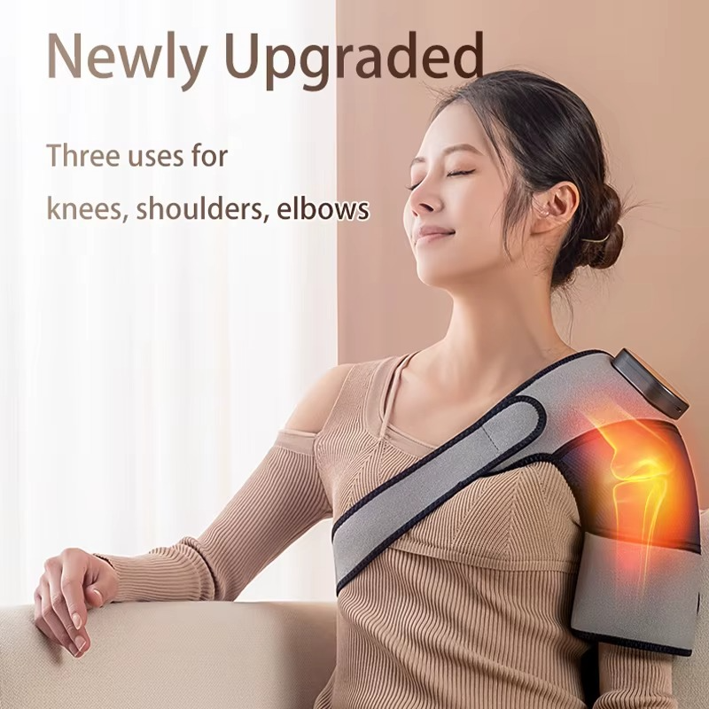 Woman using a shoulder and arm massager with text indicating its upgraded features and multiple uses.